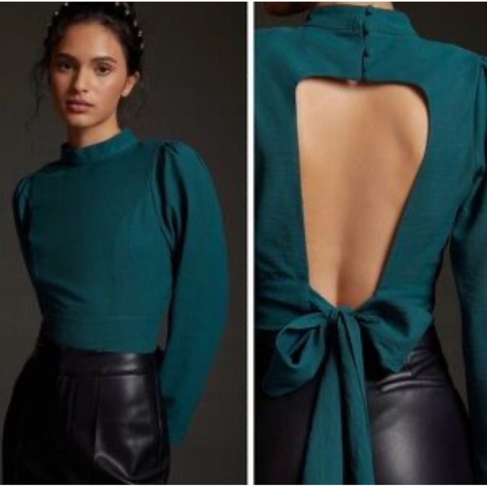 Maeve Anthropologie Mock Neck Puff Sleeve Cutout Tie Back Crop Top Green Size 8